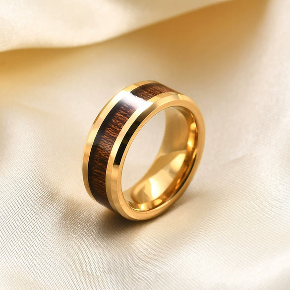 Men¡¯s Tungsten Steel Ring With Wood Grain Inlay Doublesided Geometric Design Retro Electroplated Finish Unisex Fashion Accessory