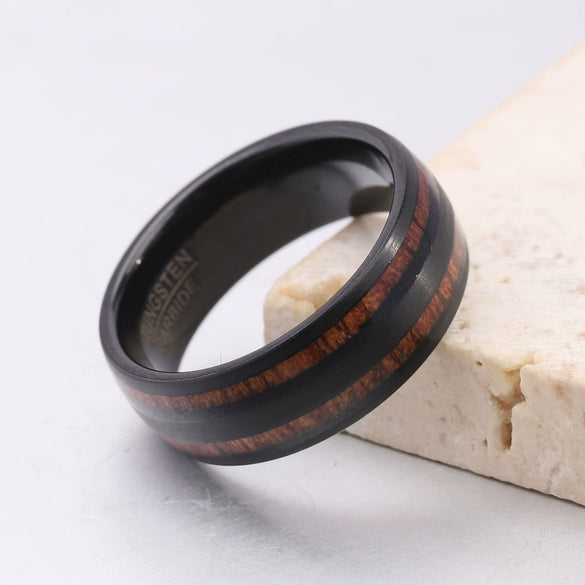 Men¡¯s Tungsten Steel Ring With Wood Grain Inlay Doublesided Geometric Design Retro Electroplated Finish Unisex Fashion Accessory