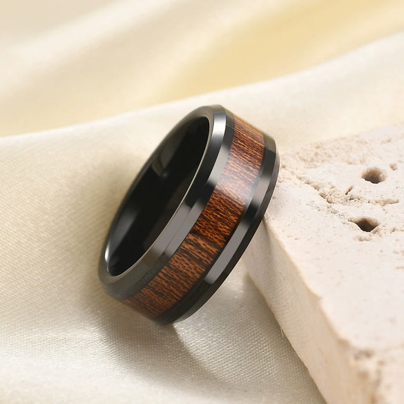 Men¡¯s Tungsten Steel Ring With Wood Grain Inlay Doublesided Geometric Design Retro Electroplated Finish Unisex Fashion Accessory