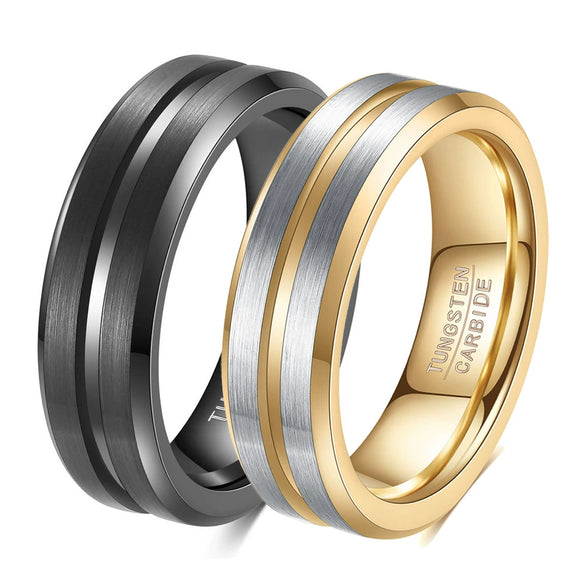 Men's Twotone Tungsten Steel Ring With Grooved Brushed Finish Geometric Design And Electroplated Detail For Wholesale Accessories