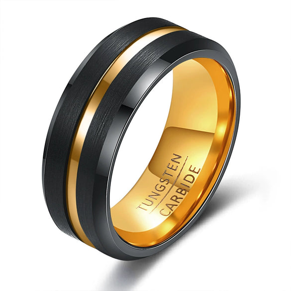 Men's Twotone Tungsten Steel Ring With Grooved Brushed Finish Geometric Design And Electroplated Detail For Wholesale Accessories