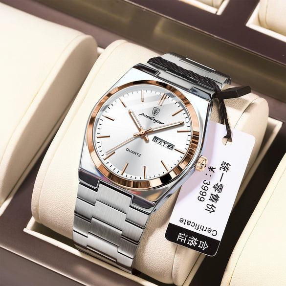 Men's Ultrathin Waterproof Luminous Quartz Watch Stainless Steel Strap Alloy Case Mineral Strengthened Glass Mirror Round Dial Leisure Style
