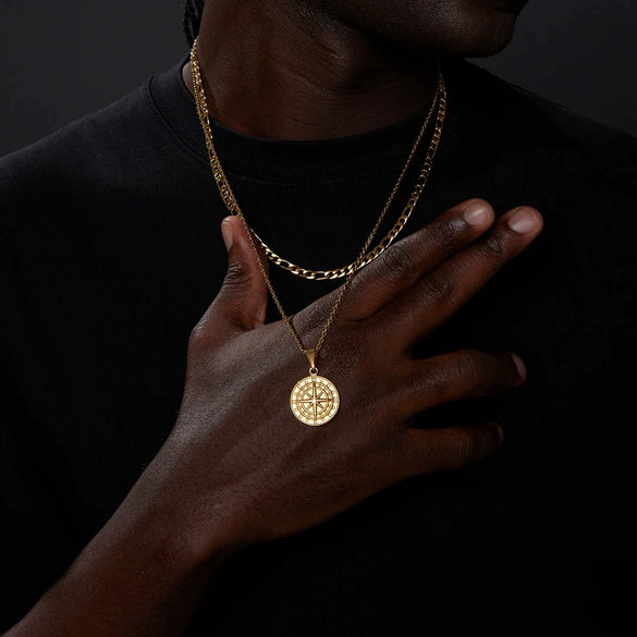 Men's Viking Nordic Style Metallic Compass Pendant Necklace With Ochain And Electroplating