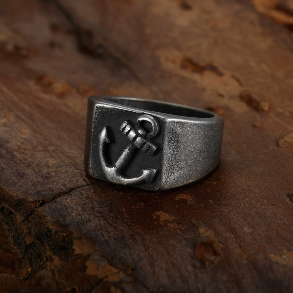 Men's Vintage Anchor Titanium Steel Ring With Geometric Pattern And Oil Treatment