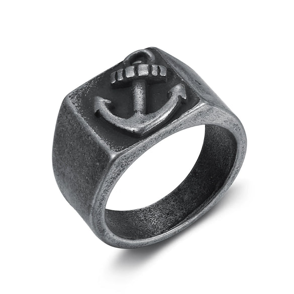Men's Vintage Anchor Titanium Steel Ring With Geometric Pattern And Oil Treatment