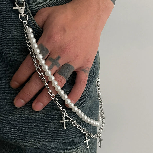 Men's Waist Chain Pendant Pearl Cross Metal Purely Handmade