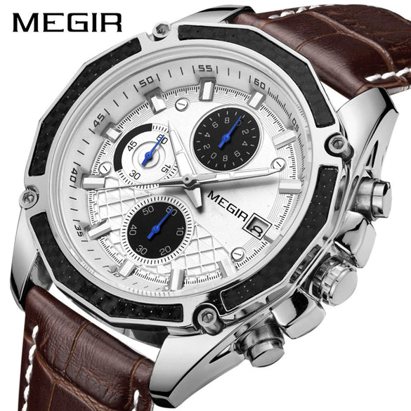 Men's Watch Alloy Case Leather Strap Mineral Strengthened Glass Mirror Multi Functional Sports Watch