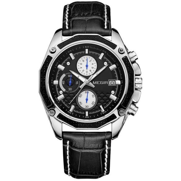 Men's Watch Alloy Case Leather Strap Mineral Strengthened Glass Mirror Multi Functional Sports Watch