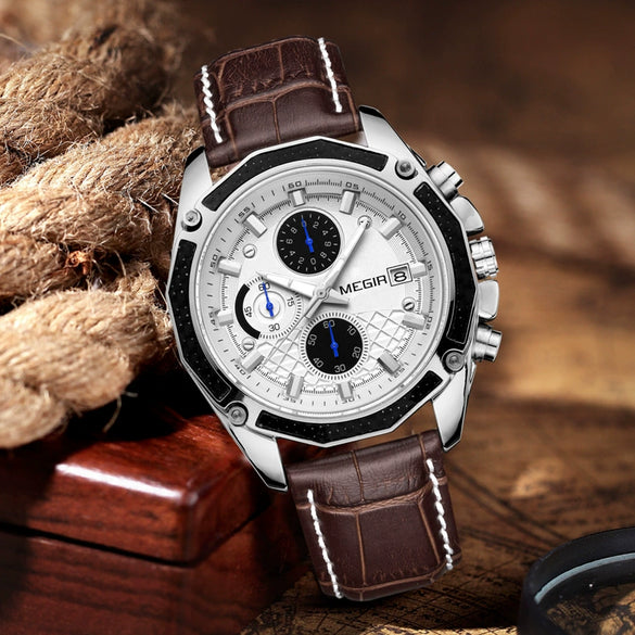 Men's Watch Alloy Case Leather Strap Mineral Strengthened Glass Mirror Multi Functional Sports Watch