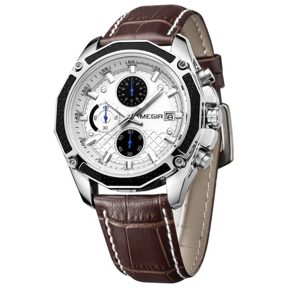 Men's Watch Alloy Case Leather Strap Mineral Strengthened Glass Mirror Multi Functional Sports Watch