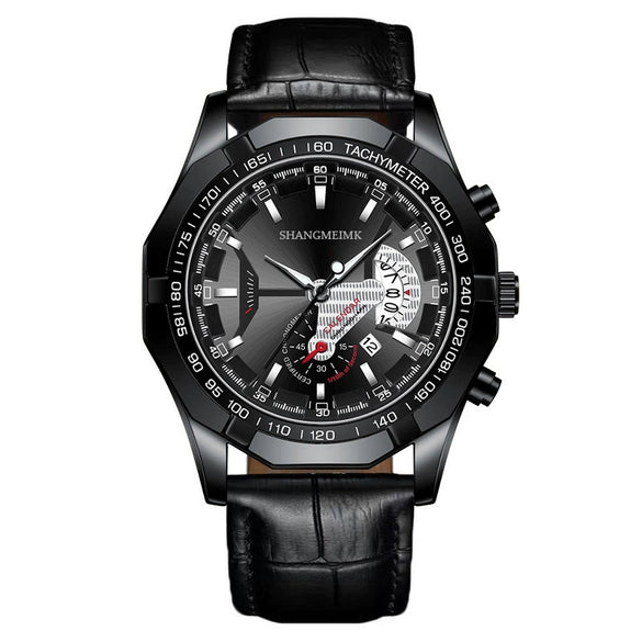 Men's Watch Alloy Case Mineral Reinforced Glass Mirror Imitation Leather Strap Stainless Steel Buckle Round Dial Fashion Style