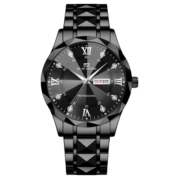Men's Waterproof Business Watch Metal Case Stainless Steel Strap Rhombus Design