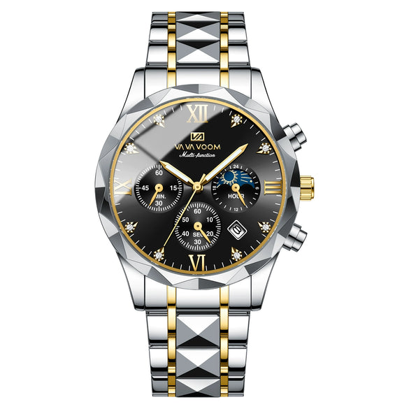 Men's Waterproof Business Watch Metal Case Stainless Steel Strap Rhombus Design
