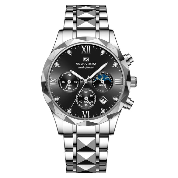 Men's Waterproof Business Watch Metal Case Stainless Steel Strap Rhombus Design