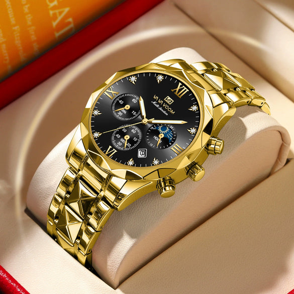 Men's Waterproof Business Watch Metal Case Stainless Steel Strap Rhombus Design