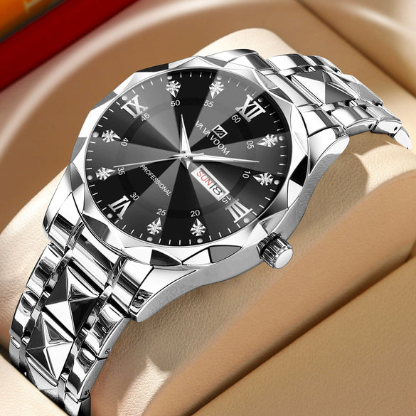 Men's Waterproof Business Watch Metal Case Stainless Steel Strap Rhombus Design