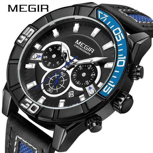 Men's Waterproof Chronograph Calendar Watch Alloy Case Genuine Leather Strap Round Dial