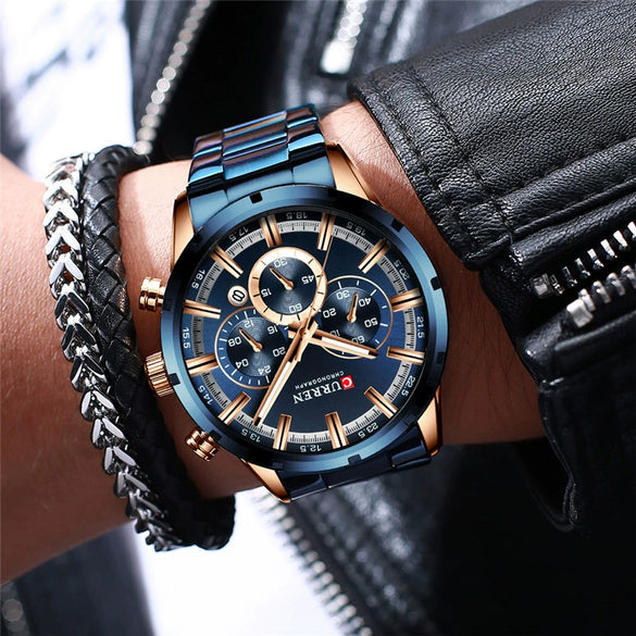 Men's Waterproof Leisure Metal And Stainless Steel Strap Round Dial Watch