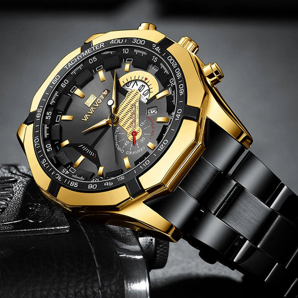 Men's Waterproof Luminous Quartz Metal Case Stainless Steel Band Round Dial Sports Casual Watch