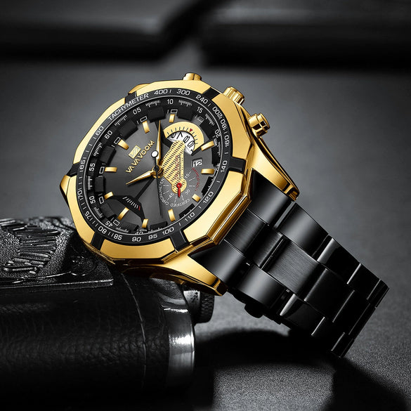 Men's Waterproof Luminous Quartz Metal Case Stainless Steel Band Round Dial Sports Casual Watch