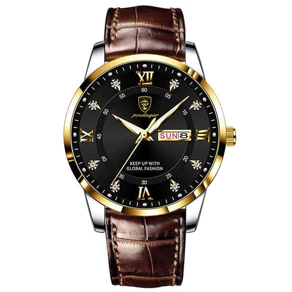 Men's Waterproof Luminous Quartz Watch With Alloy Case Sapphire Glass Mirror Genuine Leather Strap And Stainless Steel Clasp