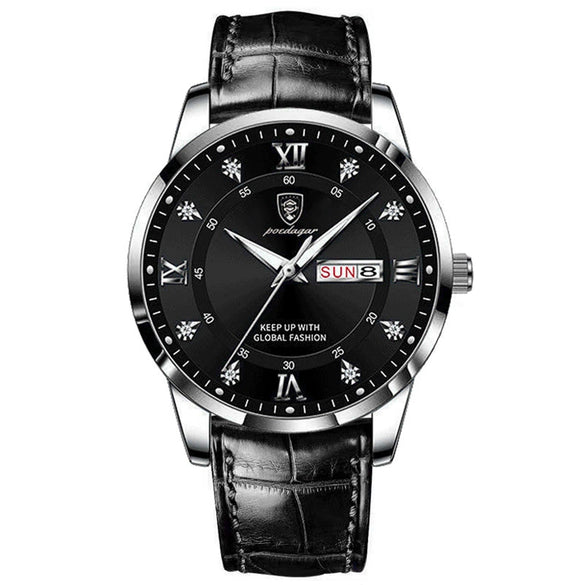 Men's Waterproof Luminous Quartz Watch With Alloy Case Sapphire Glass Mirror Genuine Leather Strap And Stainless Steel Clasp