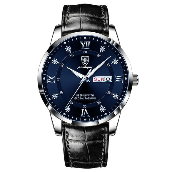 Men's Waterproof Luminous Quartz Watch With Alloy Case Sapphire Glass Mirror Genuine Leather Strap And Stainless Steel Clasp