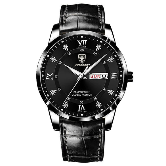 Men's Waterproof Luminous Quartz Watch With Alloy Case Sapphire Glass Mirror Genuine Leather Strap And Stainless Steel Clasp