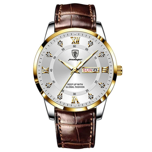 Men's Waterproof Luminous Quartz Watch With Alloy Case Sapphire Glass Mirror Genuine Leather Strap And Stainless Steel Clasp