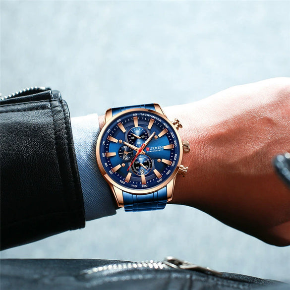 Men's Waterproof Multifunctional Leisure Watch Metal Case Stainless Steel Band Round Dial