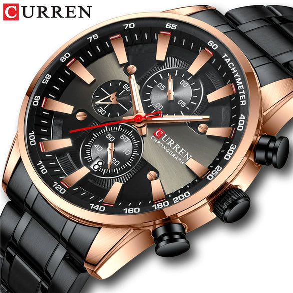 Men's Waterproof Multifunctional Leisure Watch Metal Case Stainless Steel Band Round Dial