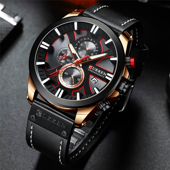 Men's Waterproof Multifunctional Watch Metal Case Imitation Leather Strap Round Dial