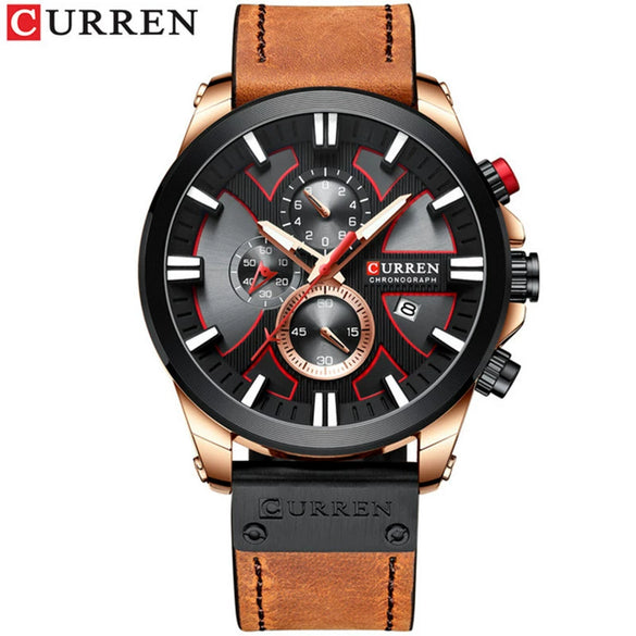 Men's Waterproof Multifunctional Watch Metal Case Imitation Leather Strap Round Dial