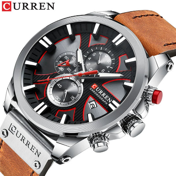 Men's Waterproof Multifunctional Watch Metal Case Imitation Leather Strap Round Dial