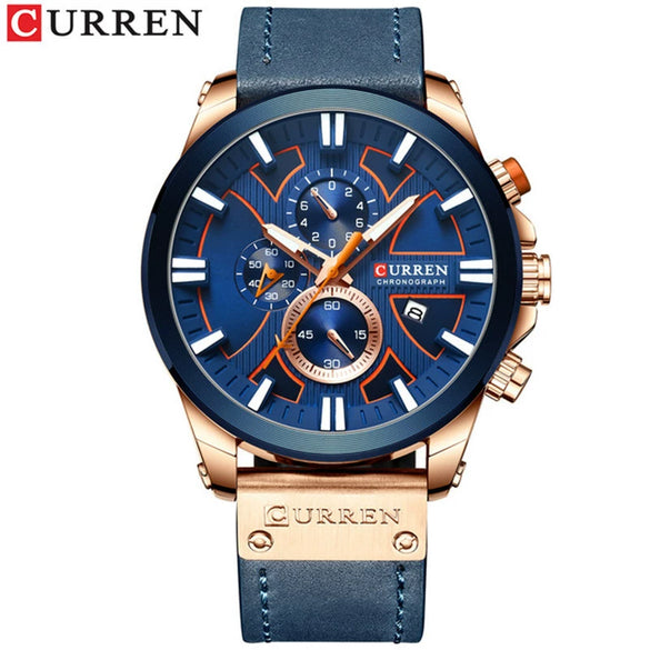 Men's Waterproof Multifunctional Watch Metal Case Imitation Leather Strap Round Dial