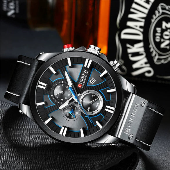 Men's Waterproof Multifunctional Watch Metal Case Imitation Leather Strap Round Dial
