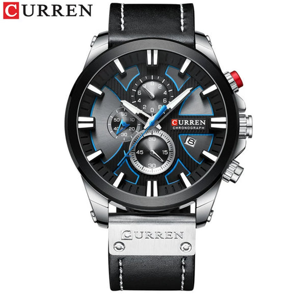 Men's Waterproof Multifunctional Watch Metal Case Imitation Leather Strap Round Dial