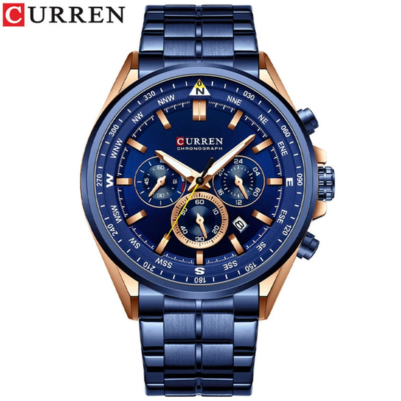 Men's Waterproof Stainless Steel Band Round Dial Multifunction Leisure Watch