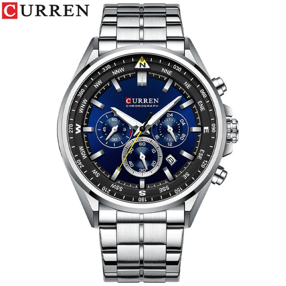 Men's Waterproof Stainless Steel Band Round Dial Multifunction Leisure Watch