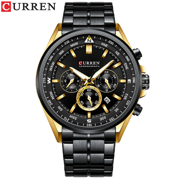 Men's Waterproof Stainless Steel Band Round Dial Multifunction Leisure Watch