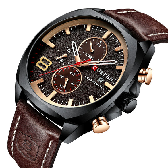 Men's Waterproof Watch With Genuine Leather Belt Alloy Case Round Dial And Pin Buckle