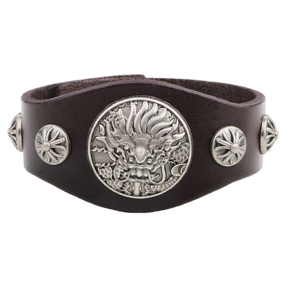 Men's Wide Leather Zodiac Dragon Rivet Alloy Bracelet With Electroplating