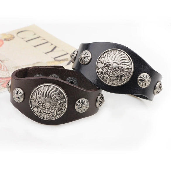 Men's Wide Leather Zodiac Dragon Rivet Alloy Bracelet With Electroplating