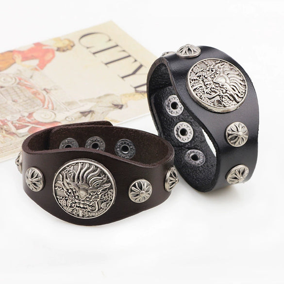Men's Wide Leather Zodiac Dragon Rivet Alloy Bracelet With Electroplating