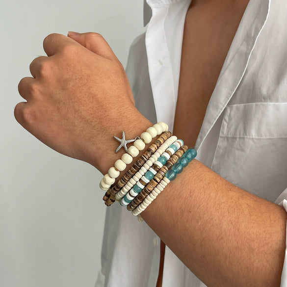 Men's Wood Coconut Shell Beaded Electroplated Bracelet Set Hiphop Trendy Highend