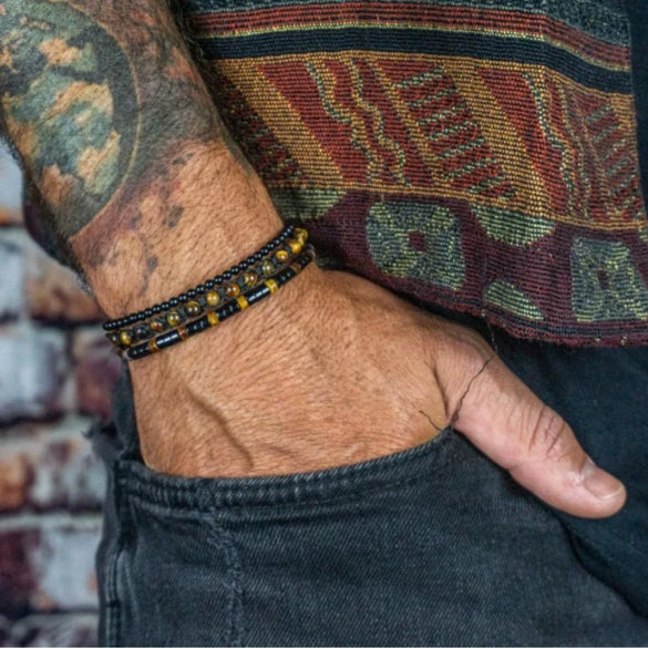 Men's Woven Bracelet Stone Geometric Manual Style Tiger Eye Stone Black Agate