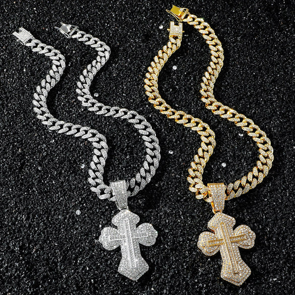 Men's Zinc Alloy Cuban Chain Hiphop Style Cross Pendant Necklace With Electroplating