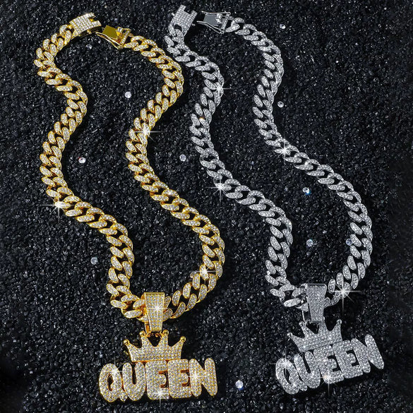 Men's Zinc Alloy Cuban Chain Hiphop Style Crown Letter Pendant Necklace With Electroplating