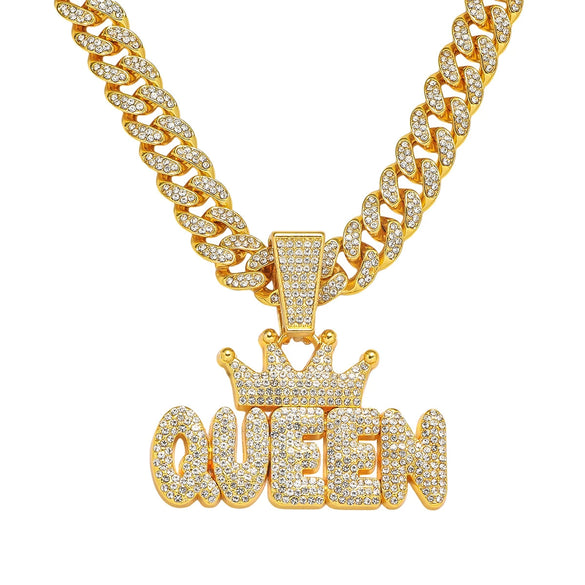 Men's Zinc Alloy Cuban Chain Hiphop Style Crown Letter Pendant Necklace With Electroplating