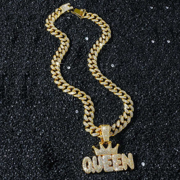 Men's Zinc Alloy Cuban Chain Hiphop Style Crown Letter Pendant Necklace With Electroplating
